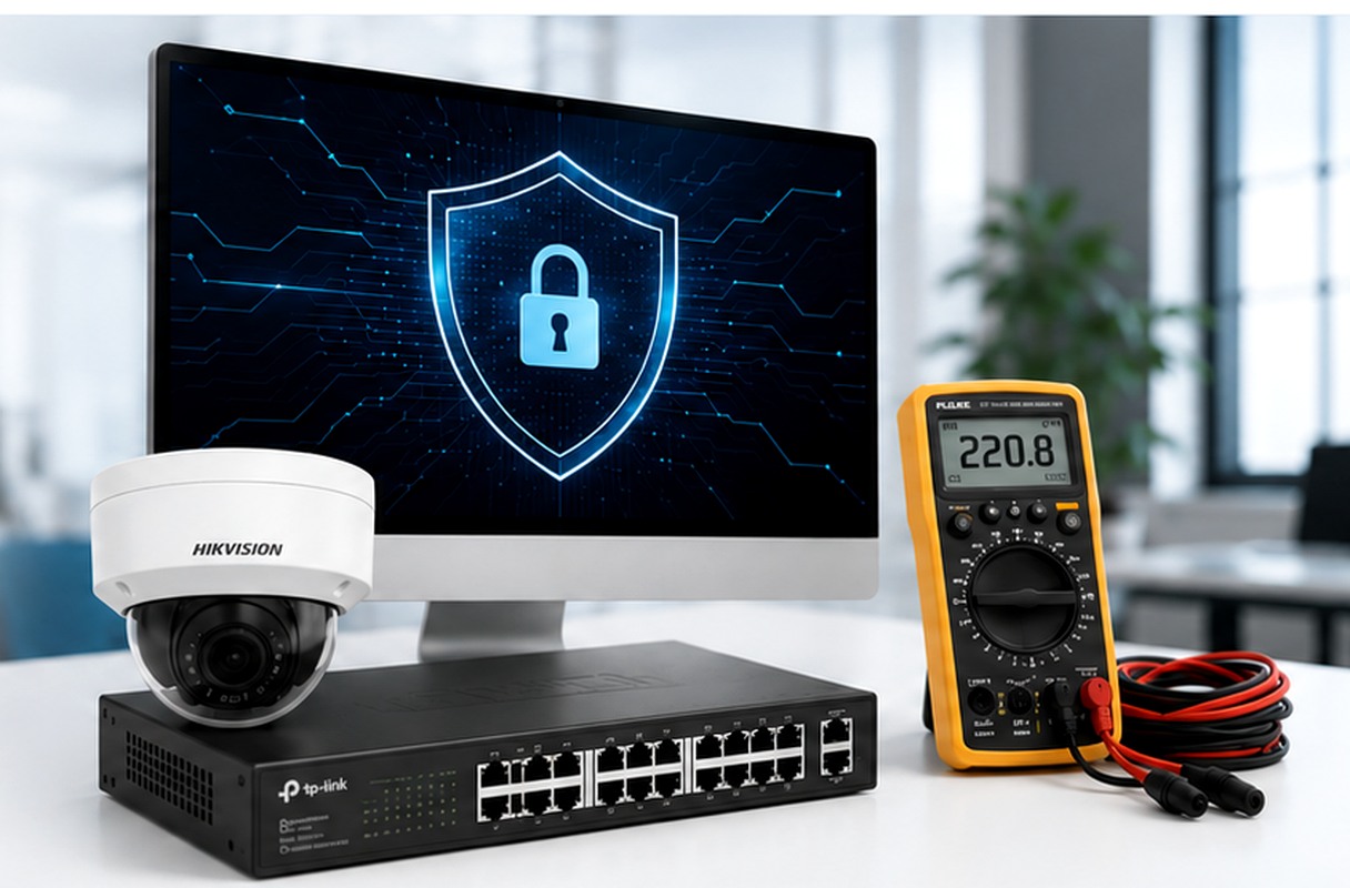 Équipements professionnels DataVolt : poste informatique, vidéosurveillance, réseau et appareil de mesure